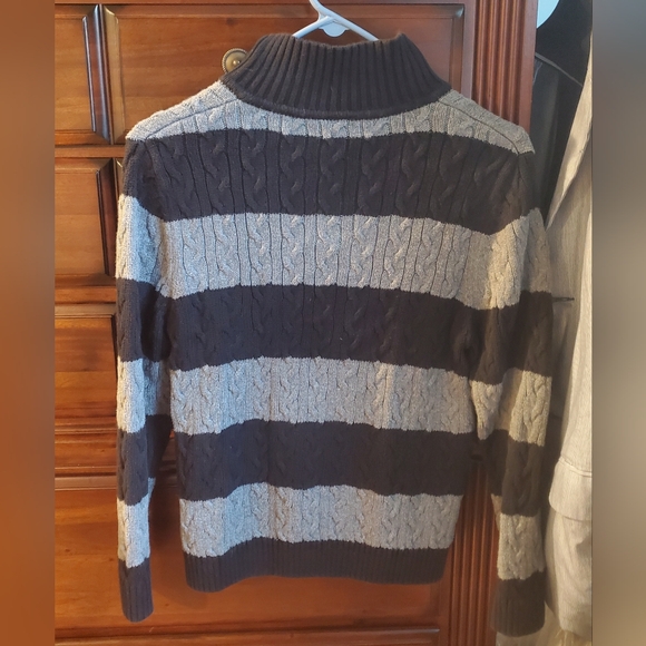 Hanna Andersson Boys Striped Pullover Button Sweater Black Gray Stripe 140 or 10 - Picture 2 of 6